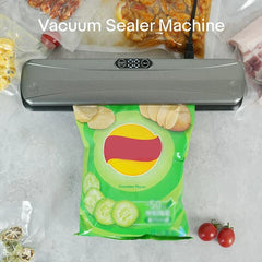 Compact portable plastic bag sealing tool next to produce bags