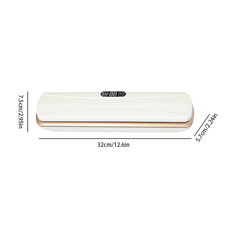 White and gold bag sealing tool with dimension labels showing 32cm length, 7.5cm height, 5.7cm depth