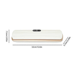 White and gold bag sealing tool with dimension labels showing 32cm length, 7.5cm height, 5.7cm depth