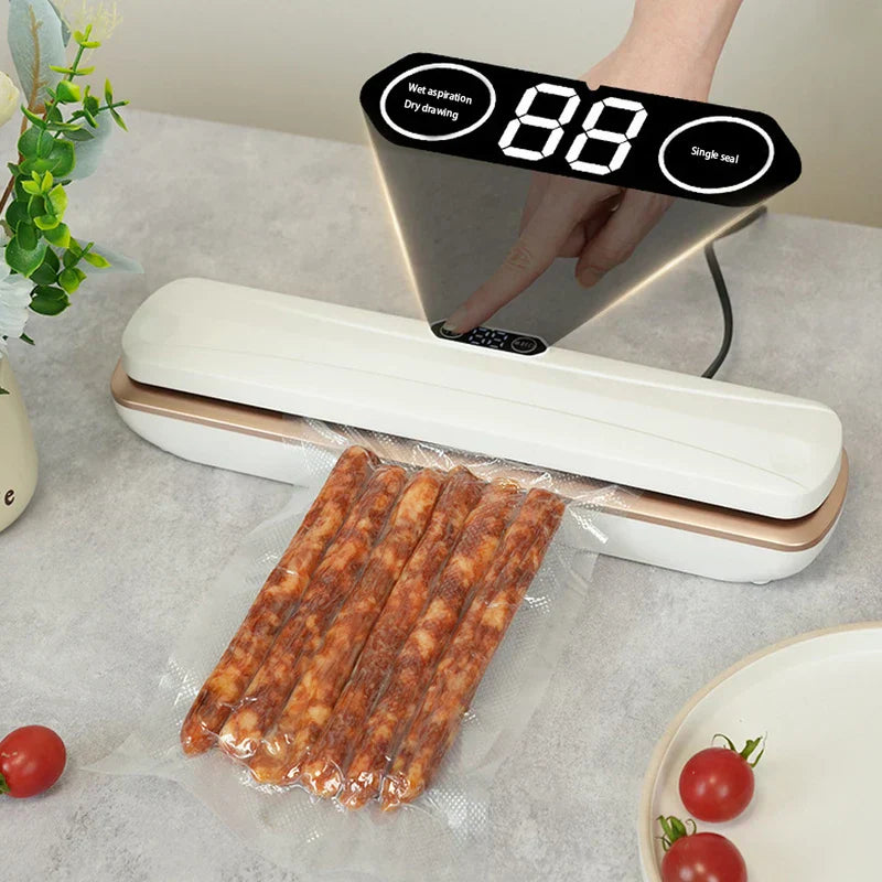 White and gold bag sealing tool with digital display, sealing a plastic bag holding cured sausages on a countertop