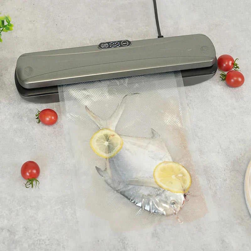 Gray bag sealing tool sealing a plastic bag containing a whole fish with lemon slices, on a gray countertop near cherry tomatoes
