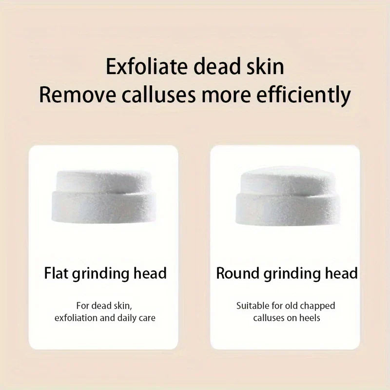Two electric foot callus remover grinding heads are shown, flat and round, with English text labels for different uses