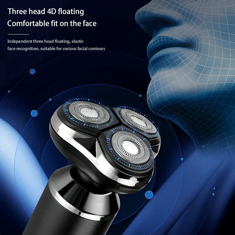 Close-up of a three-head 4D floating electric shaver razor, with text about face fitting beside a wireframe facial model.