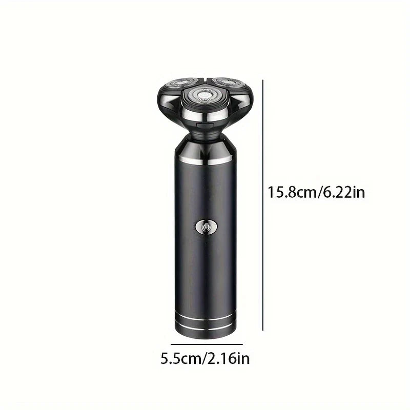 Dark three-head electric shaver razor with dimension labels for height 15.8cm and width 5.5cm on white background.