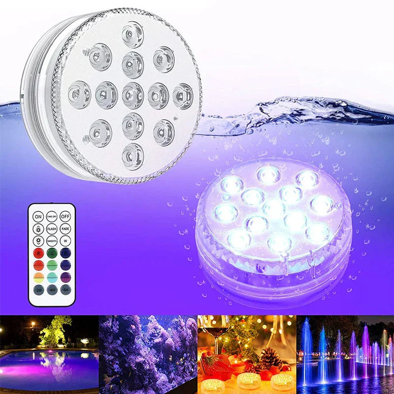 Submersible LED camping lantern with remote control, displayed underwater with purple lighting and usage scene examples