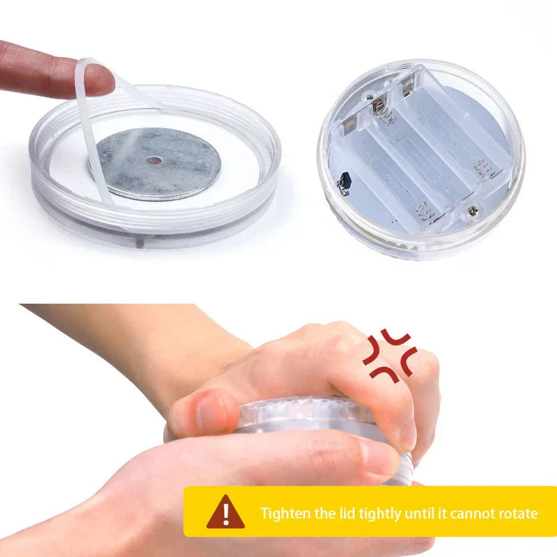 Steps showing how to seal a camping lantern battery compartment with a rubber gasket, plus a warning to tighten the lid fully.