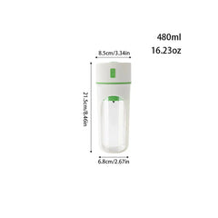 White and green blender juicer cup with 480ml/16.23oz capacity, dimensions 21.5cm tall, 8.5cm top width, 6.8cm bottom width on white background