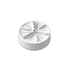 White round mini washing machine with paddle-like top ridges and small perforations, viewed against plain white background