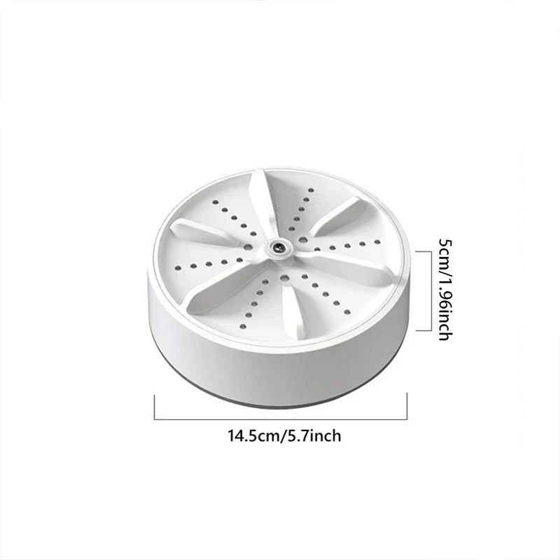 Round white mini washing machine shown with labeled dimensions: 14.5cm/5.7inch diameter, 5cm/1.96inch height, on a white background.