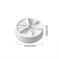 Round white mini washing machine shown with labeled dimensions: 14.5cm/5.7inch diameter, 5cm/1.96inch height, on a white background.