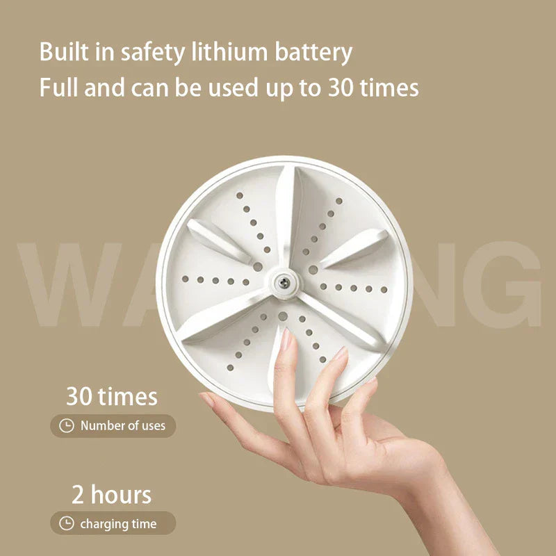 Hand holding a disc-shaped mini washing machine component, text noting 30 uses per full charge and 2 hour charging time.