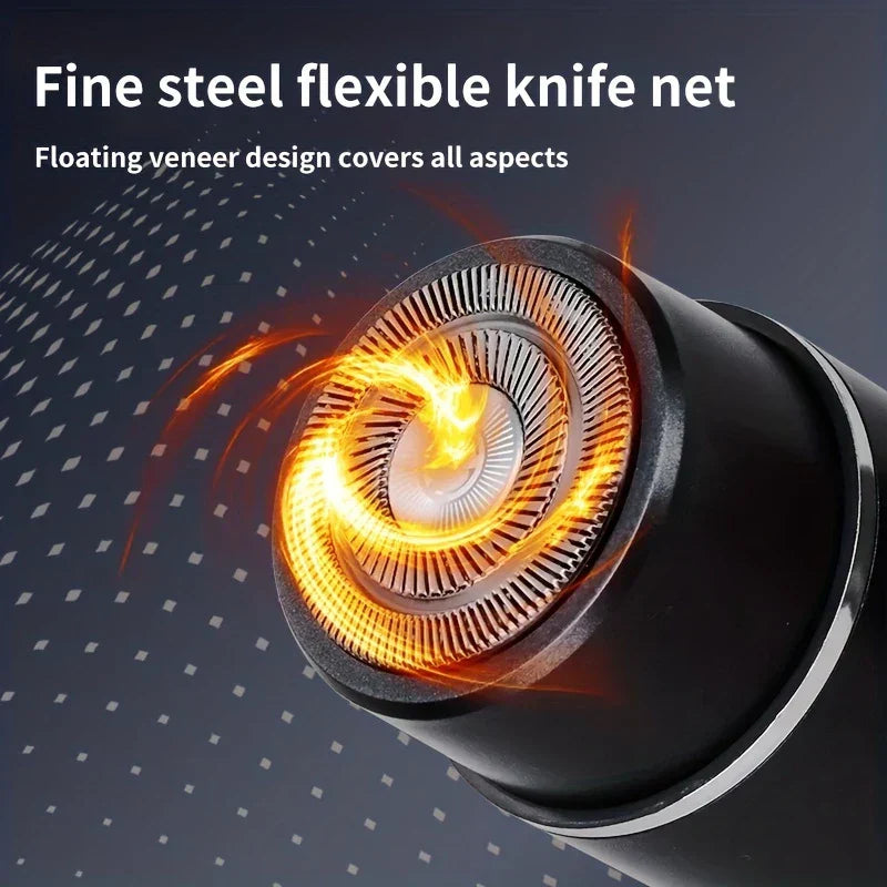 Close-up of an electric shaver head with glowing swirling orange effects and text about fine steel knife net and floating design