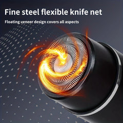 Close-up of an electric shaver head with glowing swirling orange effects and text about fine steel knife net and floating design