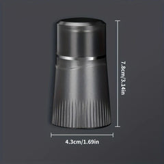 Top-down view of a compact electric shaver with labeled height and width dimensions on a dark gray background
