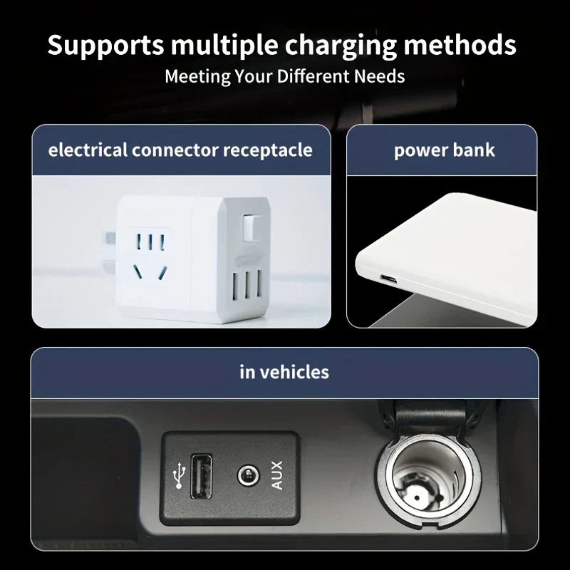 Graphic showing three charging methods for an electric shaver: wall outlet, power bank, and vehicle USB port
