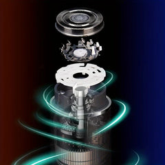 Exploded view of electric shaver head components with swirling green light effects against dark gradient background