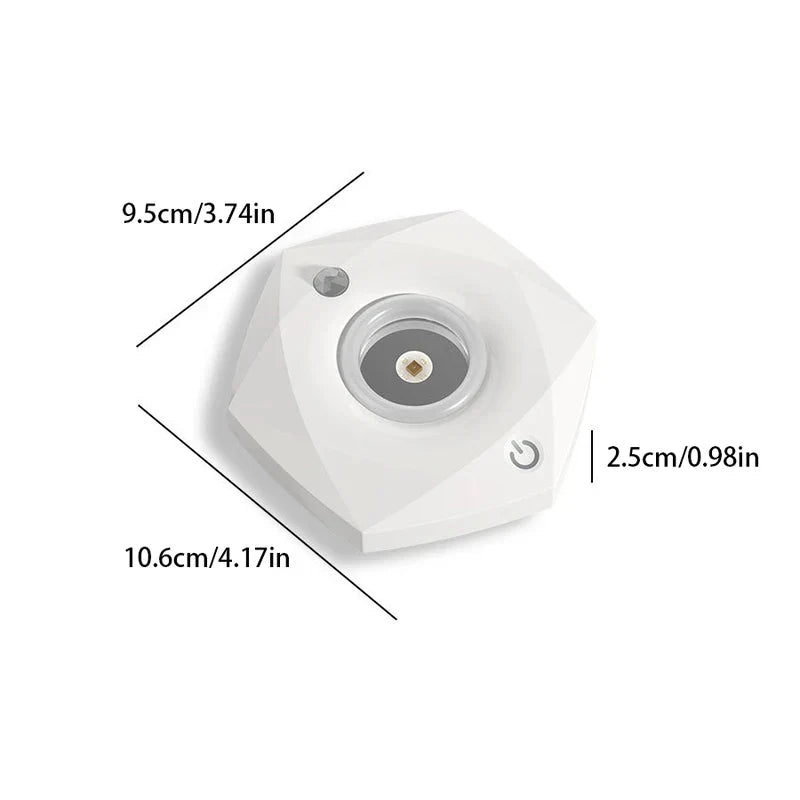 White hexagonal portable uv sterilizer lamp with labeled length, width, and height dimension markings