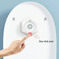 Finger pressing power button on portable uv sterilizer lamp attached to toilet lid, with "One click start" text