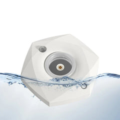 White hexagonal portable uv sterilizer lamp partially submerged in clear water with surface bubbles