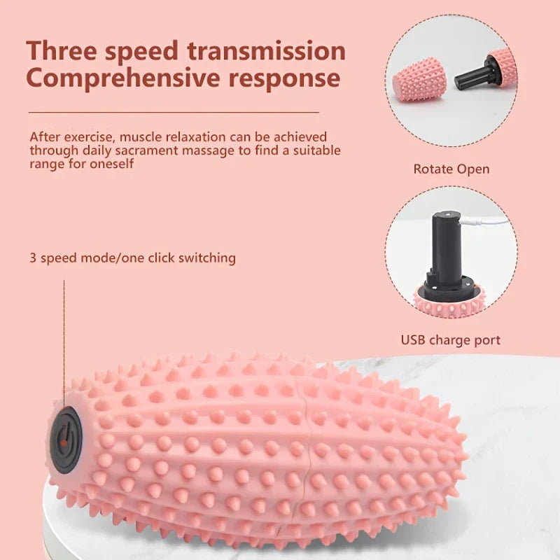 Pink struktureret vibrerende massagebold med 3-trins knap, roterende åben sprunget visning og USB-opladningsport diagrammer på pink og marmor baggrund.