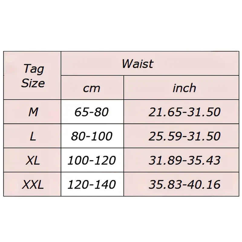 Größentabelle mit Größen von M bis XXL und Taillenumfängen für ein Bauchband zur Erholung nach der Geburt.
