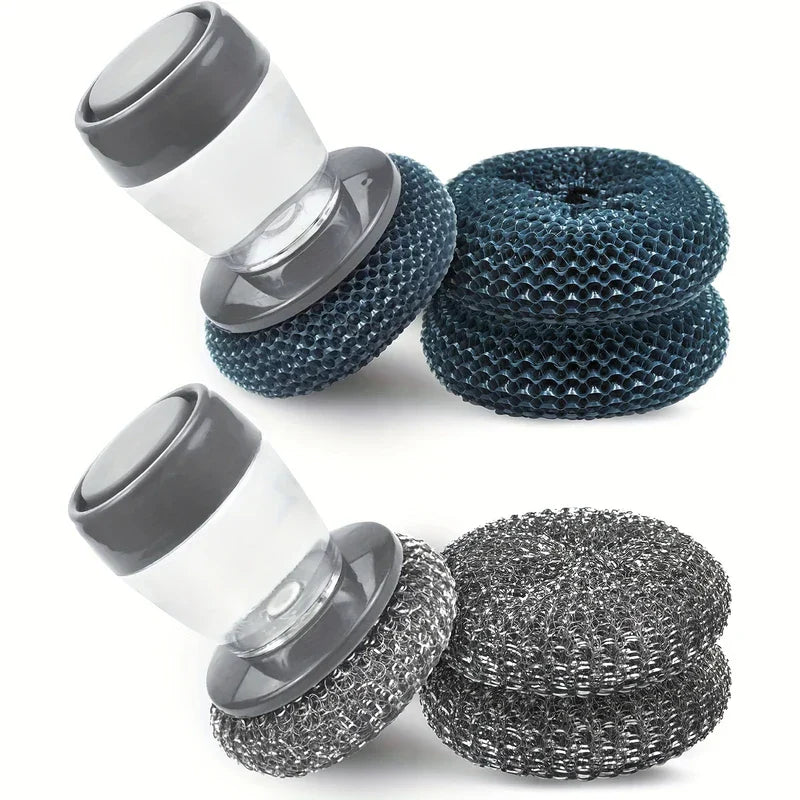 Dish scrubber with handle: 2 handle units with attached heads, plus 4 stacked replacement scrubbing heads on white background