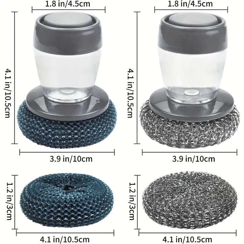Dish scrubber with handle: two scrubbers + two replacement heads shown with labeled inch/centimeter dimension markings