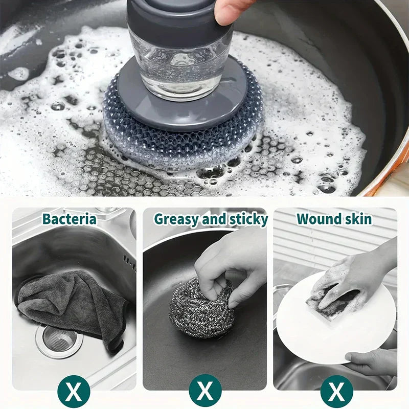 dish scrubber with handle scrubbing a soapy pan, with 3 panels showing items marked as not recommended for dish cleaning