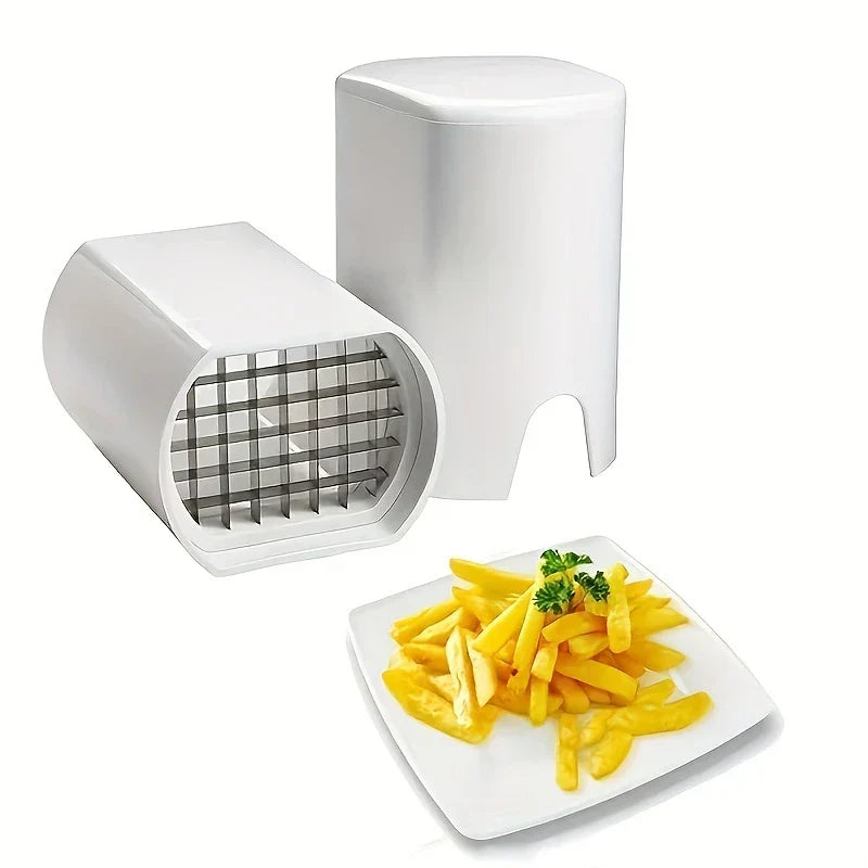 White potato french fry cutter separated, with a plate of cut potato strips beside it on a white background