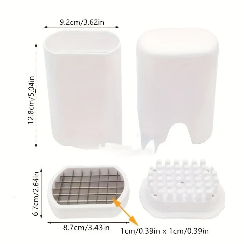 Component parts and dimension labels for a potato french fry cutter set, with white plastic housings and a grid blade assembly.