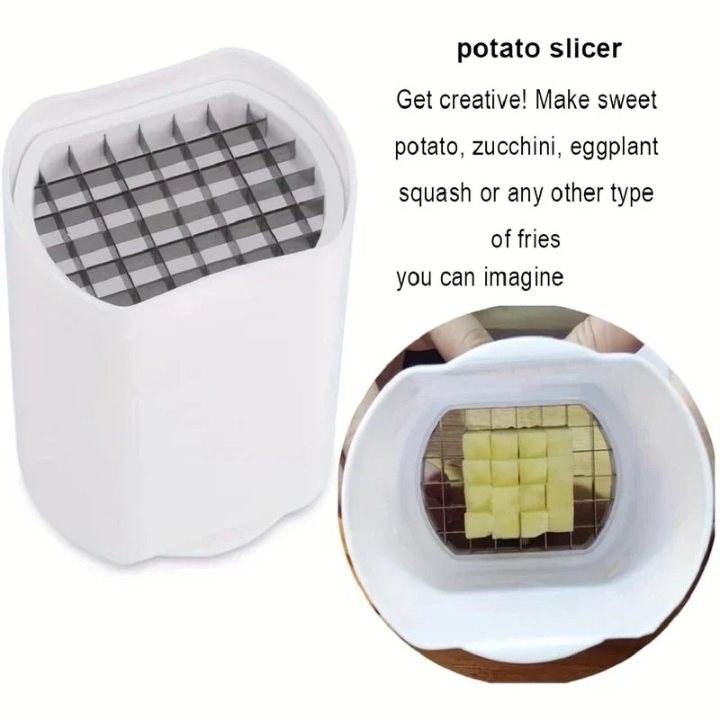 Assembled white potato french fry cutter, with a small inset showing a diced vegetable pressed through its grid blade.