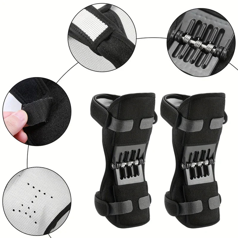 Power knee stabilizer pads with callouts showing strap, spring mechanism, fastener, and perforated lining details