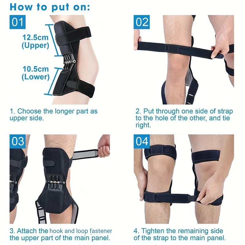 Step-by-step how-to-put-on guide for power knee stabilizer pads with 4 illustrated steps