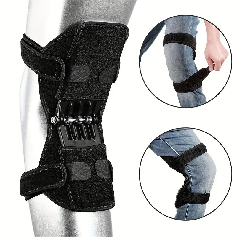 Power Knee Stabilizer Pads - Power knee stabilizer pad worn on a mannequin leg, with two inset circular views showing it being adjusted and worn over jeans.