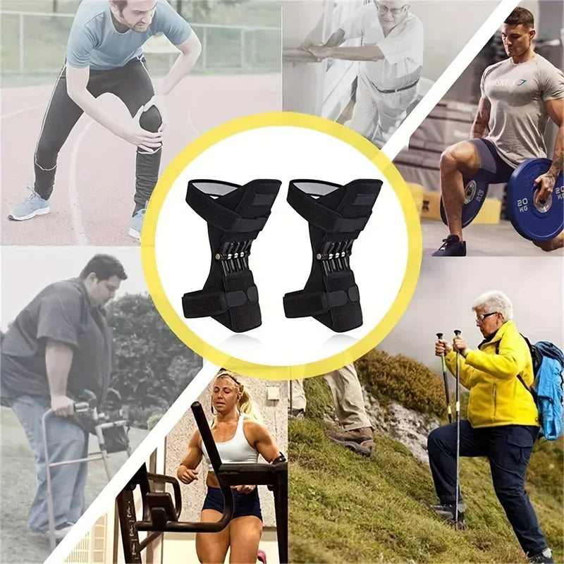 Pair of power knee stabilizer pads centered, surrounded by images of people with knee strain, exercising, and hiking.