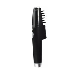 Black pet grooming comb with silver accents shown from side, product includes tweezers for maintenance.