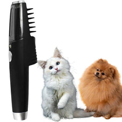 Black pet grooming comb next to a white cat and brown Pomeranian dog, product comes with tweezers.