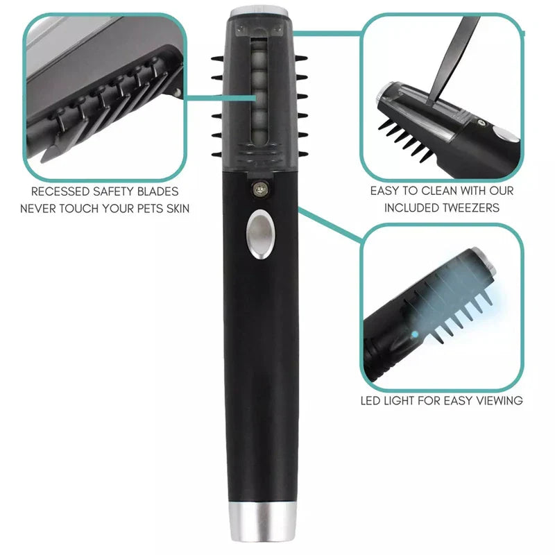 Pet groomer with annotated features: recessed blades, cleaning tweezers, LED light.