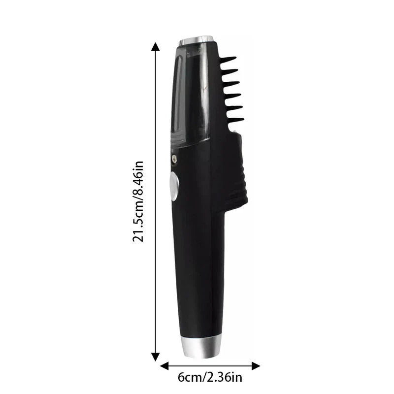Side view of black electric pet trimmer with size measurements, including included tweezers for cleaning