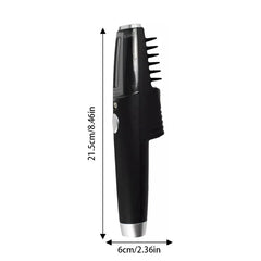 Side view of black electric pet trimmer with size measurements, including included tweezers for cleaning