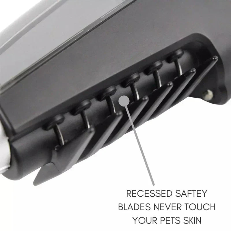 Close-up of recessed safety blades on pet trimmer, with tweezers included for easy maintenance