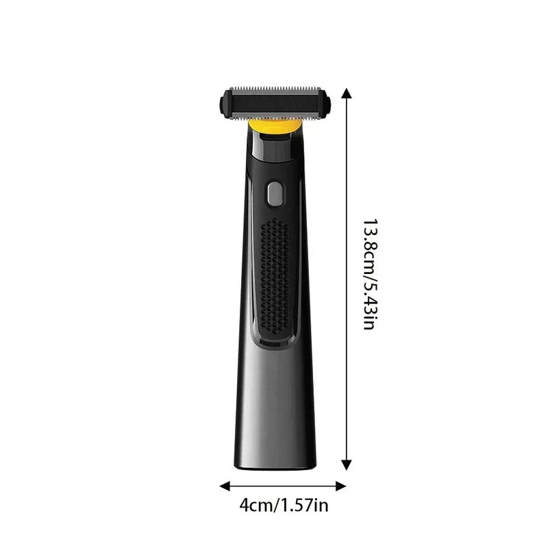 Black and silver electric body hair trimmer with dimensions 13.8cm x 4cm on white background