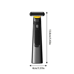 Black and silver electric body hair trimmer with dimensions 13.8cm x 4cm on white background