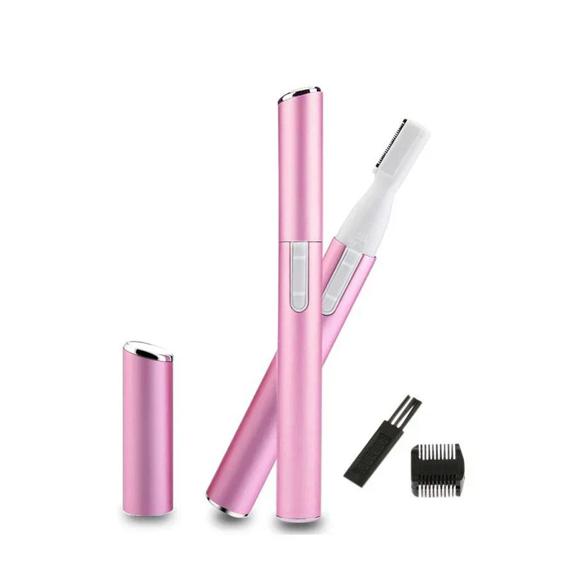 Pink electric eyebrow trimmer set with cap, cleaning brush, and comb attachment on white background