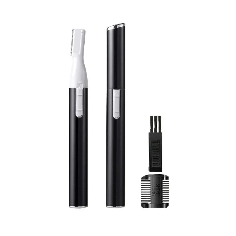 Black electric eyebrow trimmer with cap, cleaning brush, and adjustable length guide comb