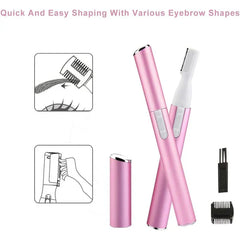 Pink electric eyebrow shaver with usage diagrams showing eyebrow trimming and attachment assembly