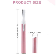Pink electric eyebrow trimmer product size dimensions, 13.2cm length, 1.3cm width