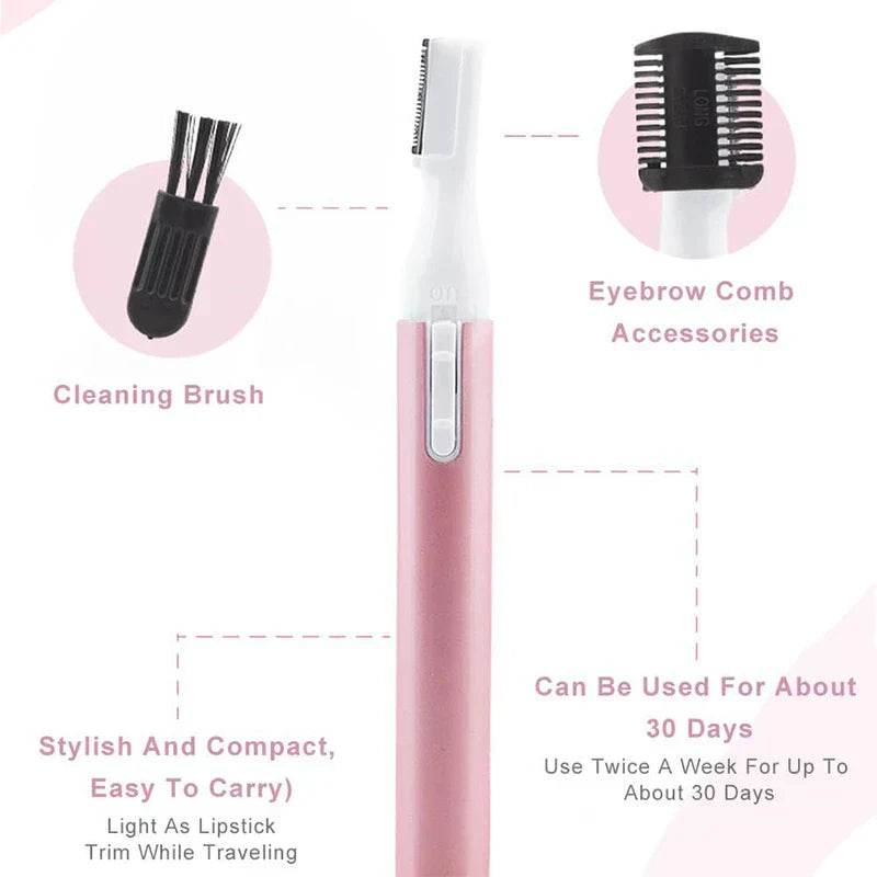 Portable pink electric eyebrow trimmer with cleaning brush and eyebrow comb accessories