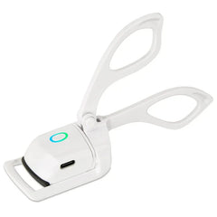 White electric eyelash curler shown open with charging port and indicator button on white background