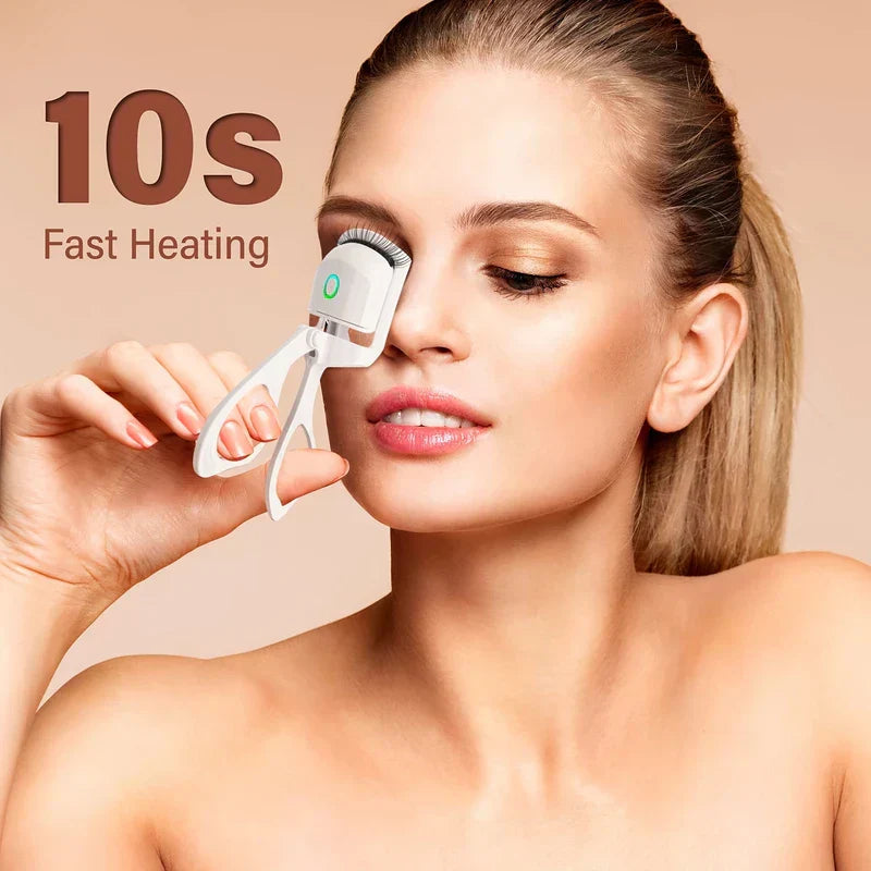 Person using a white heated eyelash curler on lashes with '10s Fast Heating' text on peach background